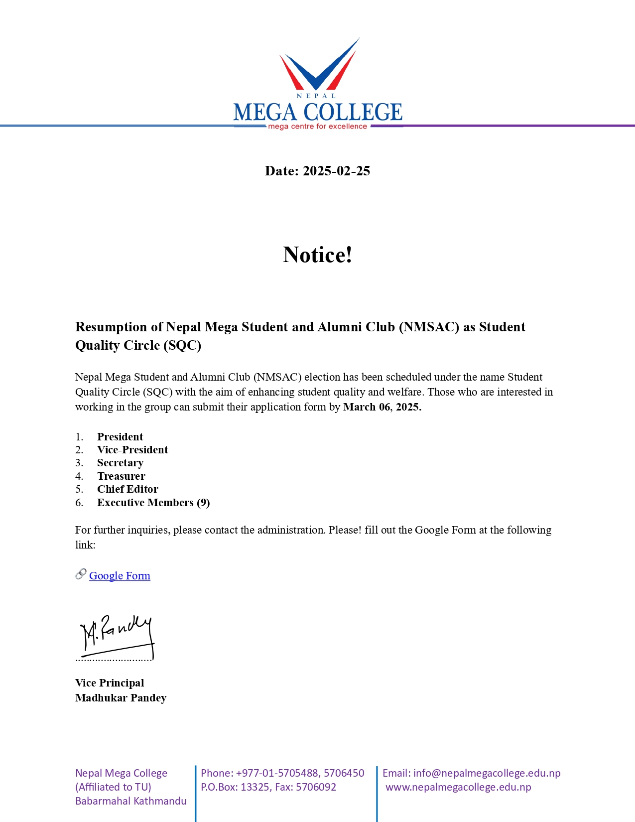 Resumption of Nepal Mega Student and Alumni Club (NMSAC) as Student Quality Circle (SQC)