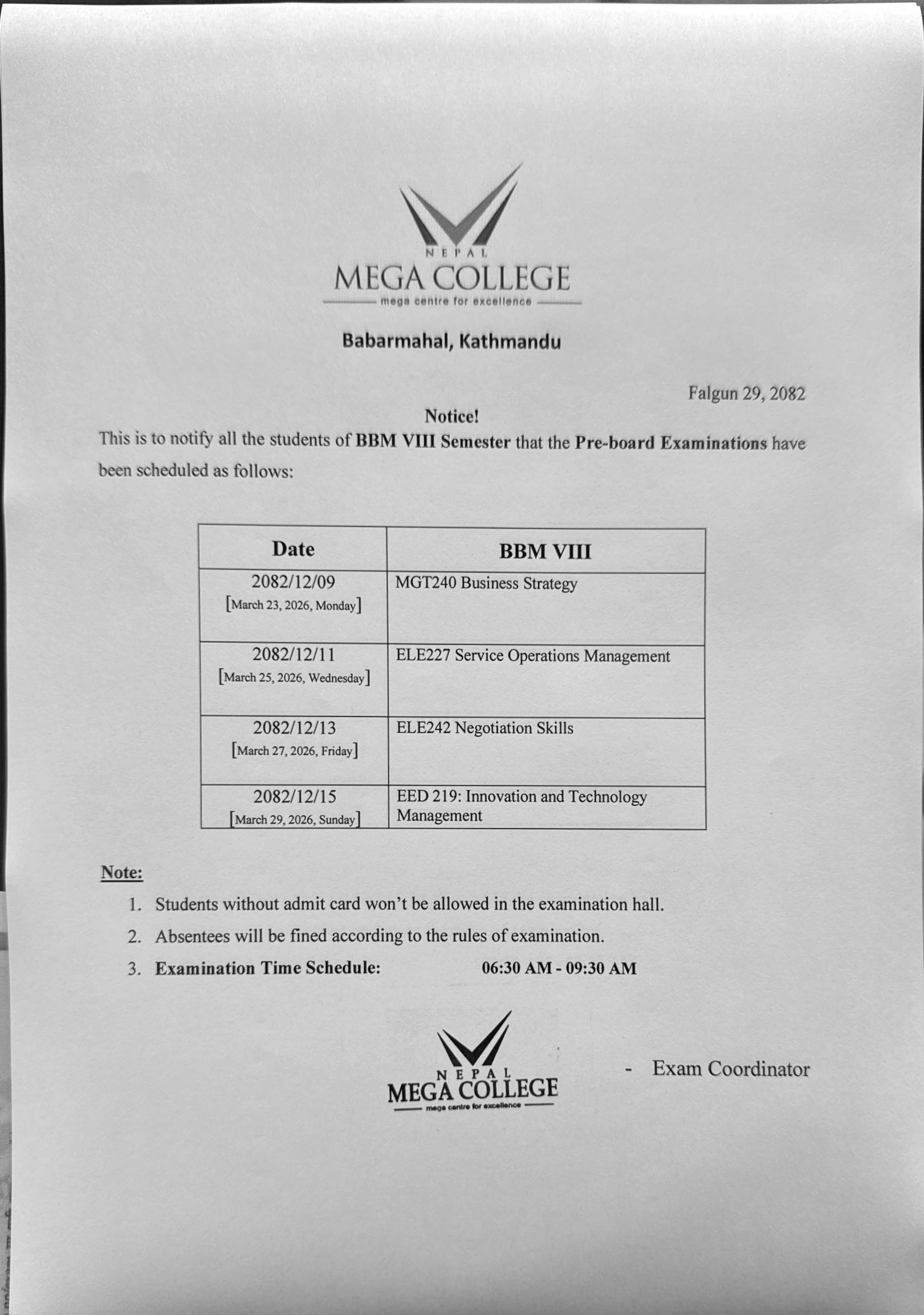 PRE-BOARD EXAMINATIONS-2081 (BBM VIII SEMESTER)