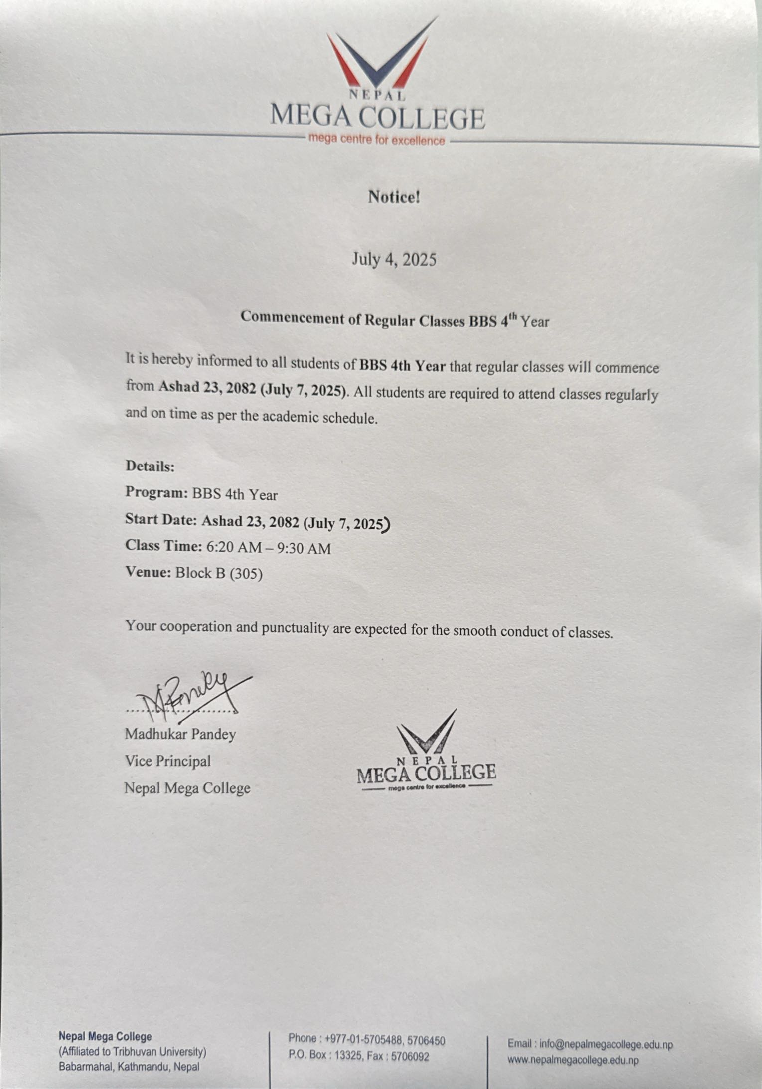 Commencement of Regular Classes (BBS 4th Year-11th Batch)