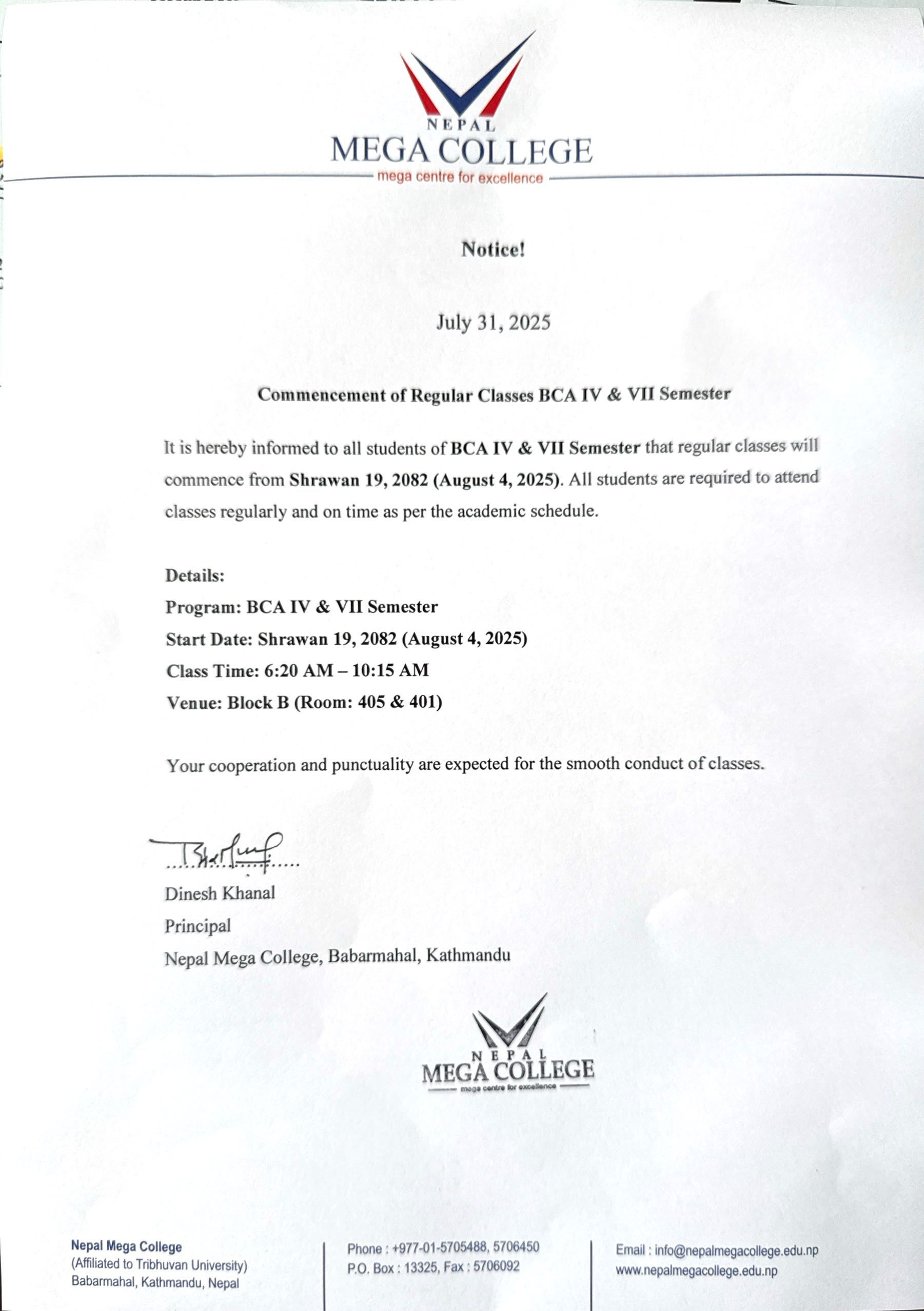 Commencement of Regular Class (BCA IV & VII)