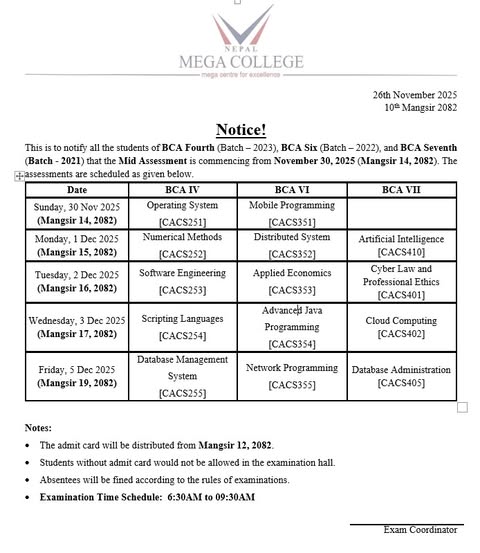 BCA Internal Examinations (IV, VI & VII Semester)