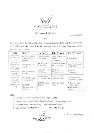 First Terminal Examinations (BBS & BASW 1st & 2nd Year)