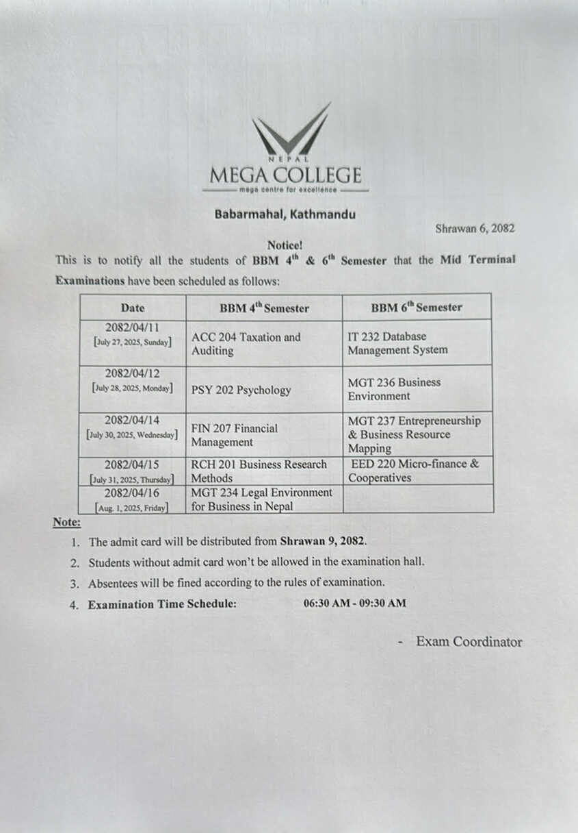 MID TERMINAL EXAMINATIONS (BBM 4TH & 6TH SEMESTER)