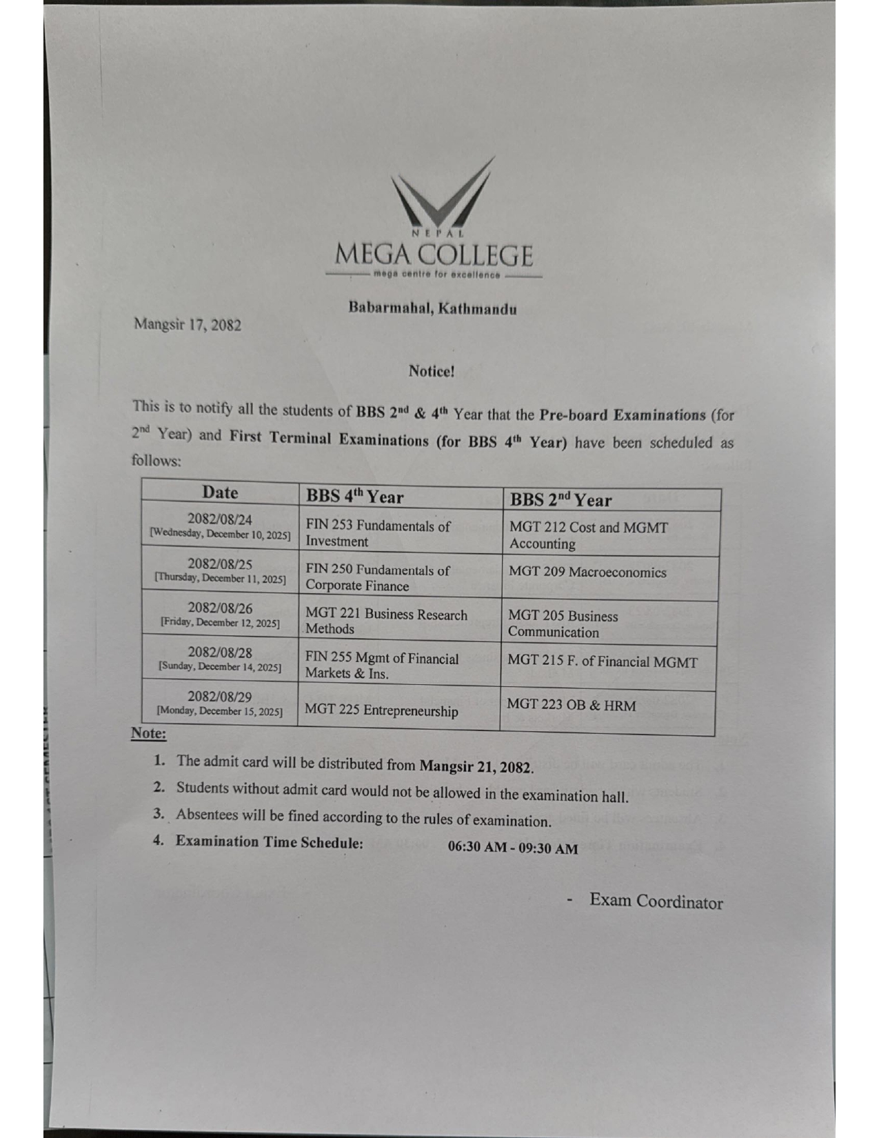 BBS 2nd & 4th Year Internal Examinations 2082