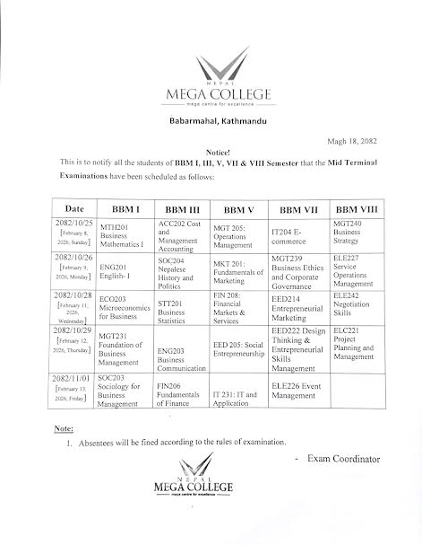 Mid Terminal Examinations-2082 (BBM I, III, V, VII & VIII Semesters)