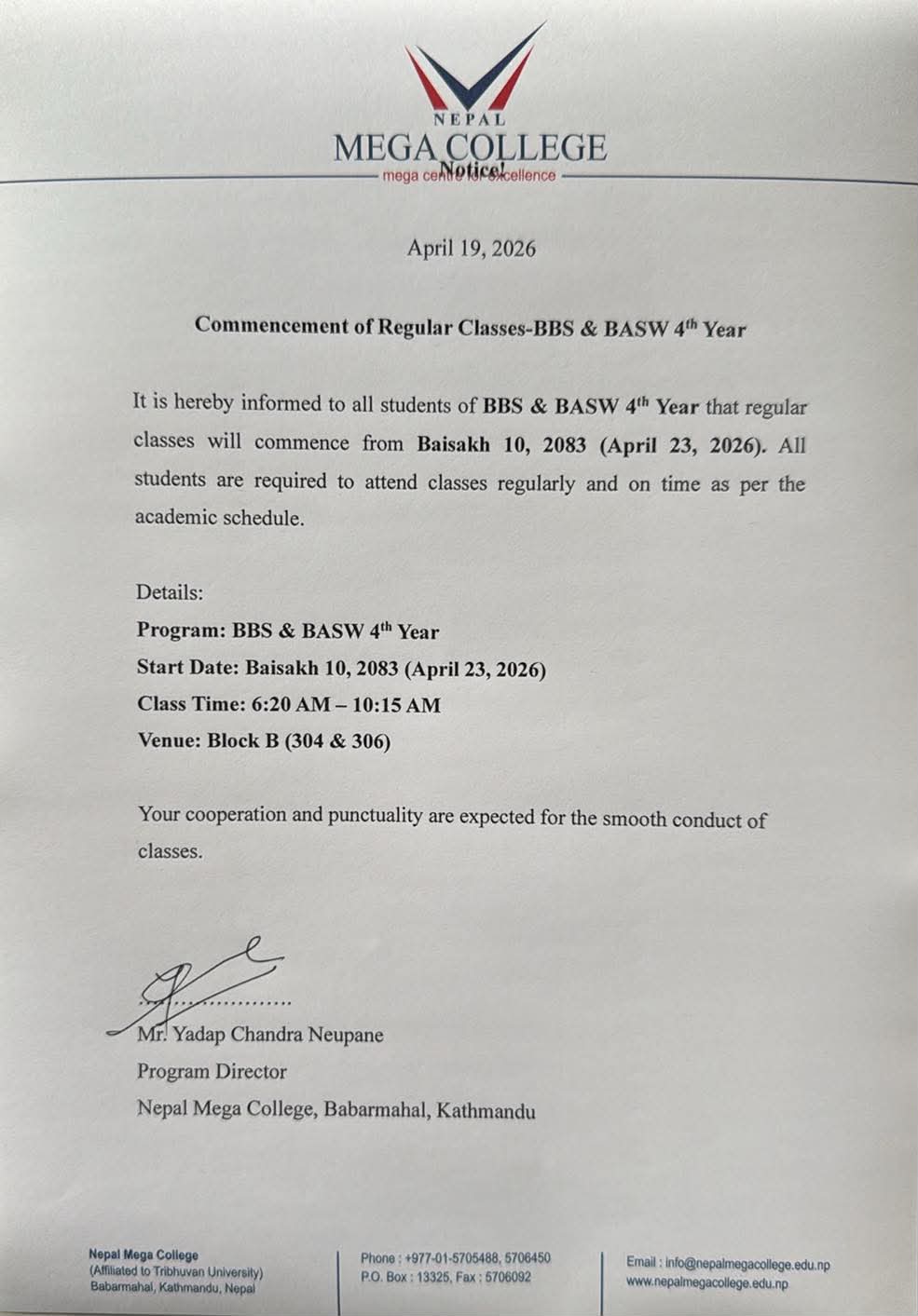 Commencement of Regular Class (BBS & BASW 4th Year)