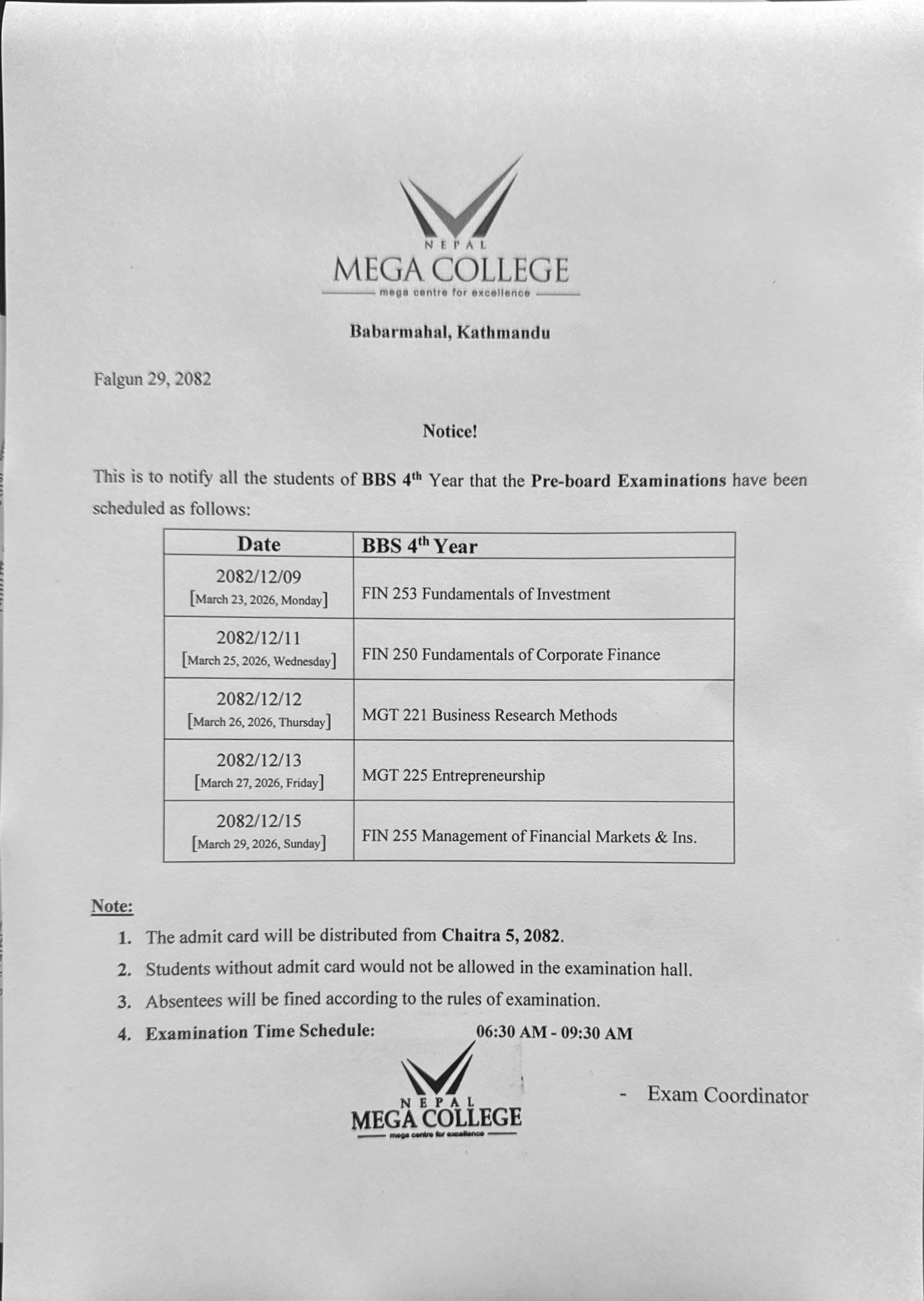 PRE-BOARD EXAMINATIONS-2082 (BBS 4TH YEAR)