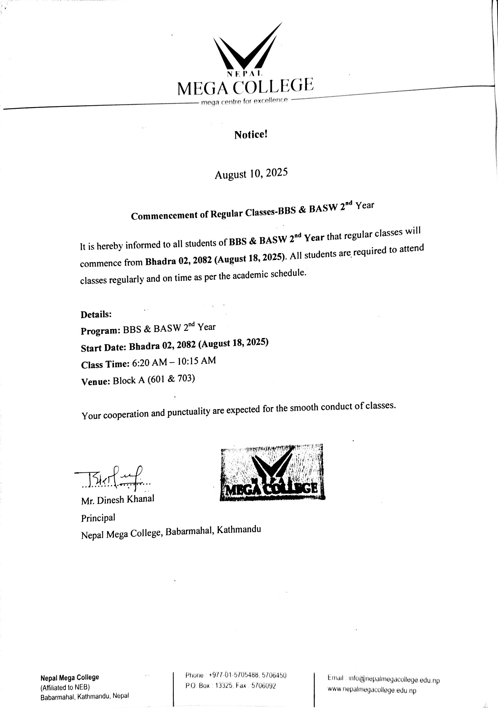 Commencement of Regular Classes (BBS & BASW 2nd Year-2082)