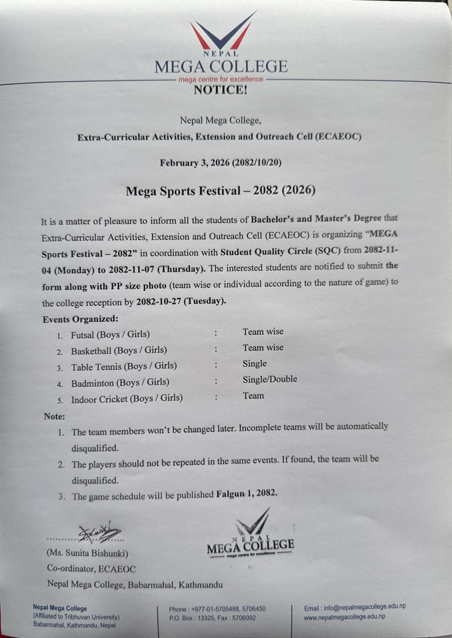 Mega Sports Festival-2082 (Bachelors & Masters Level)