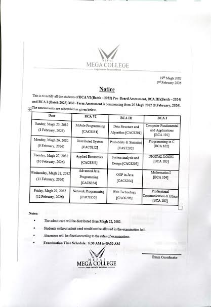 Mid Terminal Examinations (BCA I & II) & Pre-board Examinations (BCA VI)