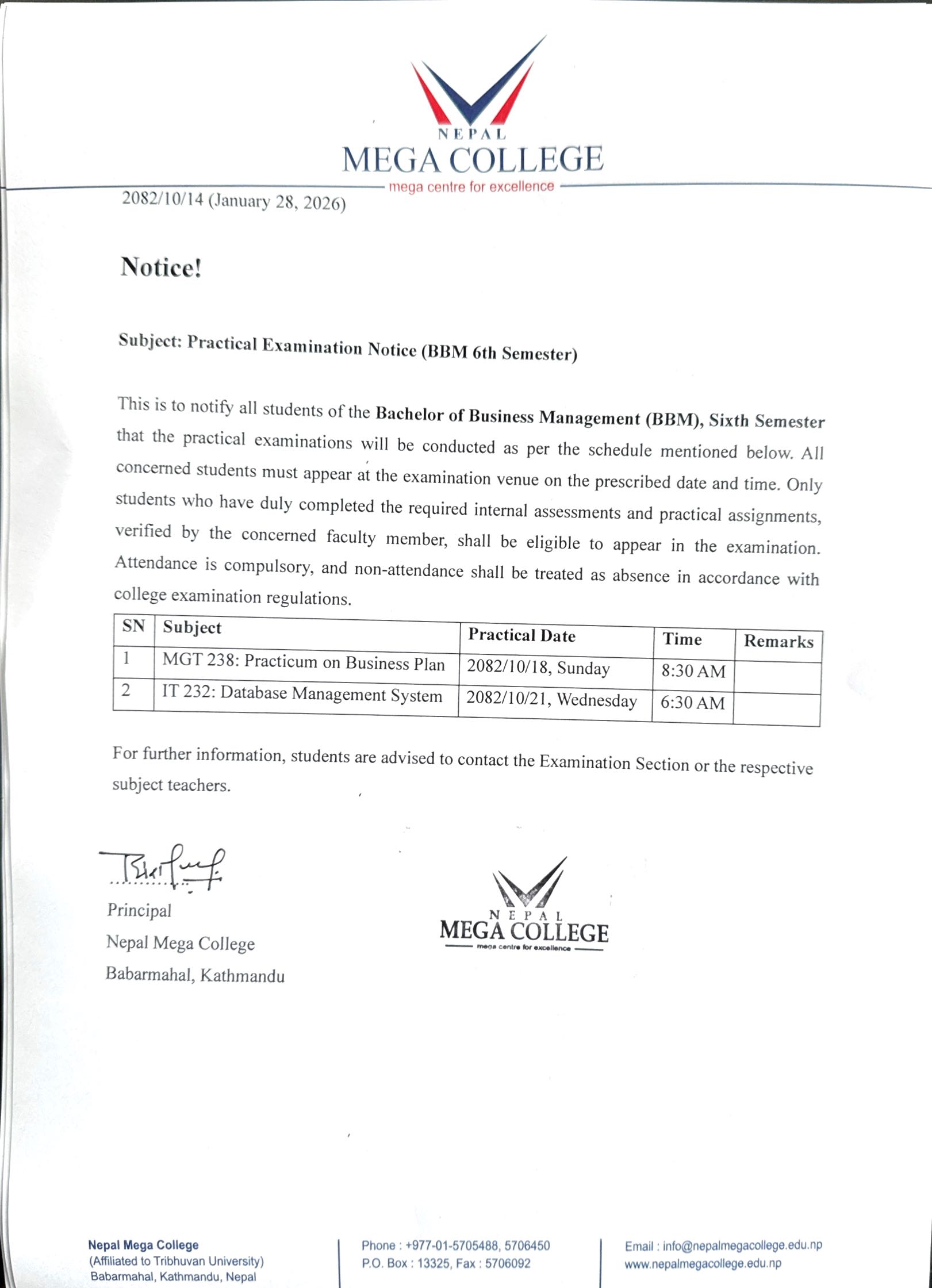 Practical Examination Notice (BBM 6th Semester)