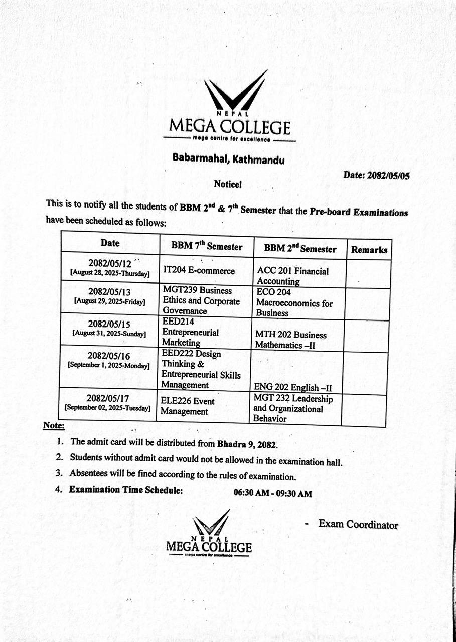 Pre-board Examinations (BBM 2nd & 7th Semester)